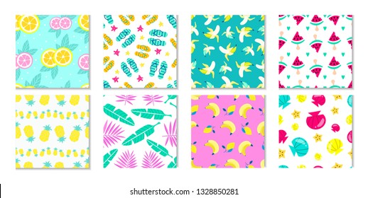 Big collection of summer patterns. Tropical backgrounds with leaves and flowers. Summer prints and patterns with fruits, seashell and tropical elements in flat and cartoon style. Vector illustration