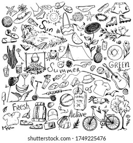 Big collection of Summer theme doodles. Hand drawn vector illustrations. Simple contour drawings of animals, plants, clothing, leisure items, accessories and words. Outline elements isolated on white.