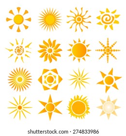 Big collection of suns. Set design element wether team. Vector illustration EPS 10 symbol for website or flyer, presentation template, brochure layout page, booklet  