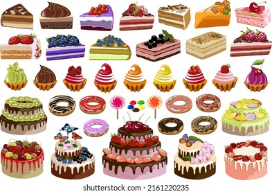 Big collection of sweet desserts.Cakes, pastries and sweets in a large vector set on a transparent background.