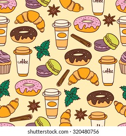 Big collection of sweets and coffee hand drawn seamless pattern. Doodle background set of confection. Vector cafe pattern