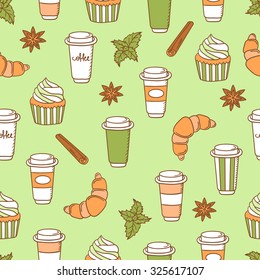 Big collection of sweets and coffee hand drawn seamless pattern. Doodle background set of confection. Vector cafe pattern. Sketch illustration