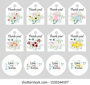 BIG collection of tags with hand drawn roses,leaves. Trendy backgrounds and logotypes. Wedding, bridal, marriage, birthday, Valentine's day. Isolated.