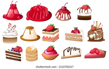Big collection of tasty sweet cakes with different flavors vector illustration on white background