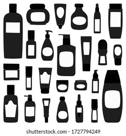 Big collection templates of empty and clean grey plastic containers: bottles with spray, cream jar, tube. Flat design of cosmetic package. Hand drawn Vector Illustration.
