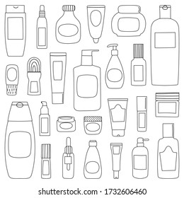 Big collection templates of empty and clean outline containers: bottles with spray, cream jar, tube. Flat design of cosmetic package. Hand drawn Vector Illustration.