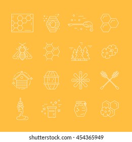 Big collection of thin line icons with honey - honeybee, dipper, wax, propolis, flower and other elements made in vector.