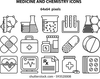 Big collection of thin line icons for medical and chemistry subject. Linear symbols set.