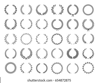 Big collection of thirty different black and white silhouette circular laurel foliate and oak wreaths depicting an award, achievement, heraldry, nobility. Vector illustration.