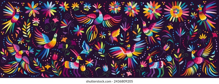 Big collection of traditional elements of Mexican pattern Otomi, flowers, leaves, birds, animal