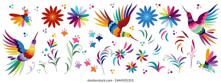 Big collection of traditional elements of Mexican pattern Otomi, flowers, leaves, birds