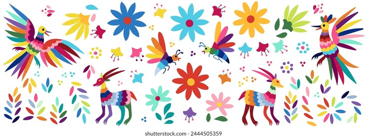 Big collection of traditional elements of Mexican pattern Otomi, flowers, leaves, birds, animal