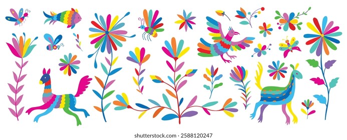 Big collection of traditional elements of Mexican pattern Otomi, flowers, leaves, birds, animal