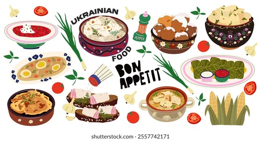 Big collection of Traditional Ukrainian cuisine. A set of Ukrainian national dishes for the Christmas table. Cartoon flat vector food stickers. Borscht, varenyky, holubtsi, pampushki, deruny