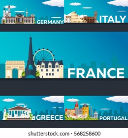 Big Collection of Travel banners to country. Vector Flat illustration