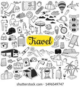 Big collection of travel elements. Tourism and summer concept. Hand drawn sketch isolated on a white. Vintage vector engraving illustration for poster, web.
