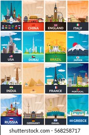 Big Collection of Travel posters to country. Vector Flat illustration