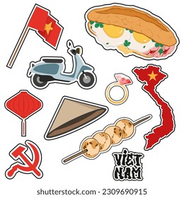 Big collection of travel stickers, symbols, landmarks of the Vietnam. Vector illustration asia for print, placard, desing. Eps 10. Banh mi, flag, gold ring, lamp, map, national food, lettering 