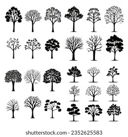 Big collection of tree silhouettes isolated on white background vector illustration