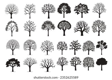 Big collection of tree silhouettes isolated on white background vector illustration