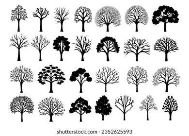 Big collection of tree silhouettes isolated on white background vector illustration