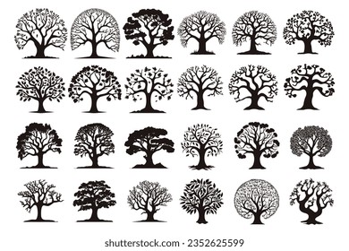 Big collection of tree silhouettes isolated on white background vector illustration