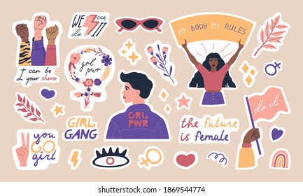 Big collection of trendy feminism stickers, cute woman characters and inspiration quotes. International women's day. Modern motivation pack, girls power. Colored vector flat cartoon illustration. - Shutterstock ID 1869544774