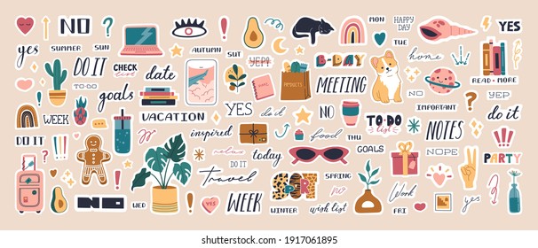 Big collection of trendy planner stickers for diaries and to do list. Cute weekly pictures and lettering, modern scheduler and organizer motivation quote. Colored vector flat cartoon illustration