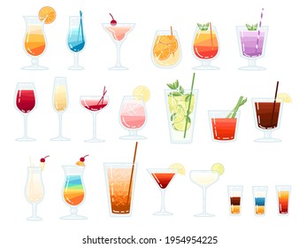 Big collection of tropical exotic alcoholic and non alcoholic cocktails vector illustration on white background