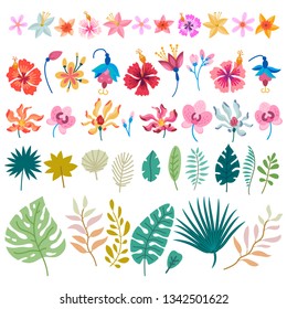 Big Collection of tropical flowers. Vector cartoon rainforest floral elements isolated on white background. Brazil jungle flora in flat style. Summer Bouquet of tropic flowers leaves. Aloha set.