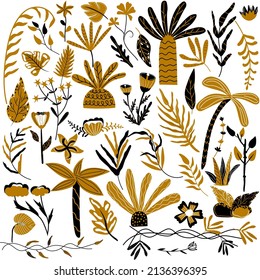Big collection tropical leaves and palm trees. Palm leaves, flowers, botanical foliage for your design. Vector illustration.