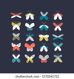 Big collection with twenty 
butterflies. Colorful 
symmetric insects, dark background. Graphic hand drawn illustration - yellow, blue, orange bright wings. Decorative elements. Doodle style moths