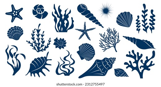 Große Sammlung von Unterwasserelementen. Set von blauen Silhouetten Muscheln, Algen. Sommer-Meereshintergrund mit handgezeichnet gezeichnet Muschel, Algen, Seestern, Korallen