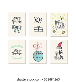 Big collection of unique Christmas or New Year card templates with drawings and brush lettering made by hand. Cheerful notes.