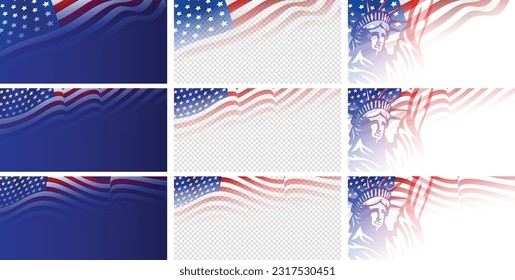 Big collection of the United states of America waving flag with empty, blank, copy space on blue, white and transparent background. Vector illustration.