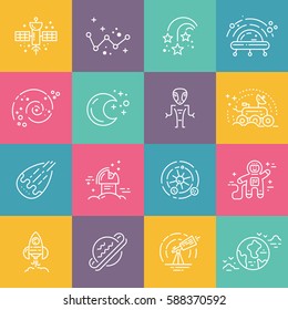 Big collection of uniue icons with different space objects including planets, alien, cosmonaut, solar system, rover. Line syle vector symbols of space and universe.