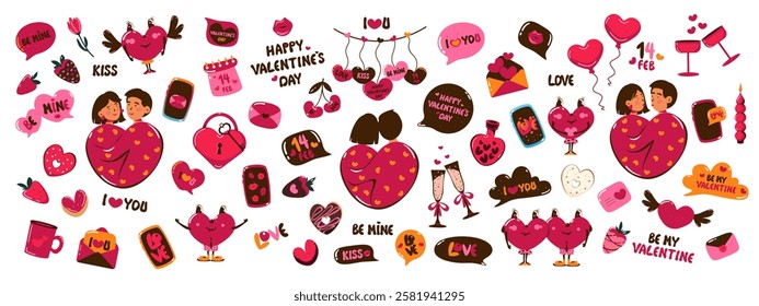 Big collection of Valentine's Day elements. Air heart, love potion, envelope, loving couple, speech bubble. Declaration of love. Handwritten love inscriptions. Vector illustration.