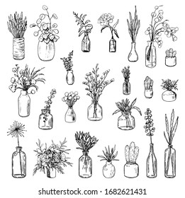 Big collection of varied vases, bottles, and jars of flowers and plants. Hand drawn vector illustration. Vintage botanical set. Decorative floral outline elements isolated on white. Usable for design.