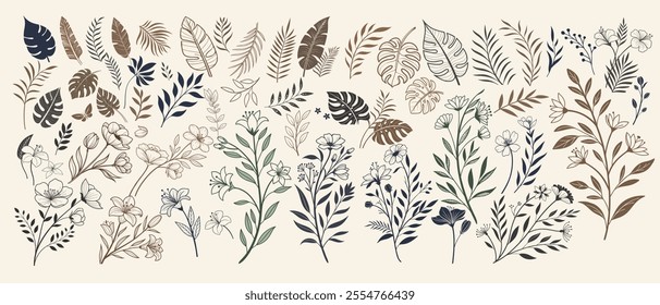 Big Collection of varios Botanical Feminine Flowers, branches and leaves. Vector hand-drawn Floral elements for your design suitable for Wedding Invitation, save the date, thank you, or greeting card.