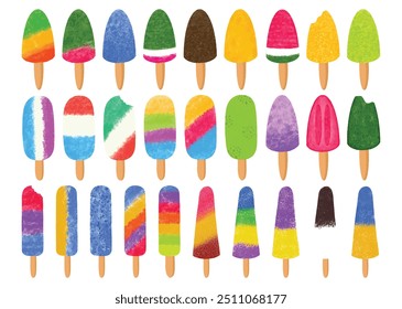 Gran colección de varias paletas de helado de verano coloridas de dibujos animados en estilo plano aislado en blanco. Palitos de helado de acuarela. Degustación de helado frío, variación de colores del arco iris. Fila de sundae