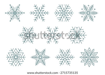 Big collection of various cute symmetric snowflakes, isolated on a transparent background. Editable stroke. You can edit the thickness of the outlines. Best for Christmas, New Year, or winter designs.