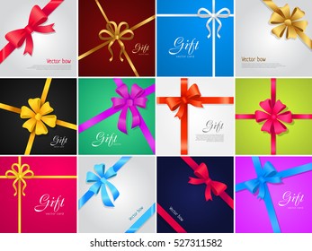 Big collection of various gift bows and ribbons. Yellow, red, blue, white, violet, pink lines. Wide and narrow ribbons. Decorations for gifts, presents, boxes. Cartoon design. Vector illustration