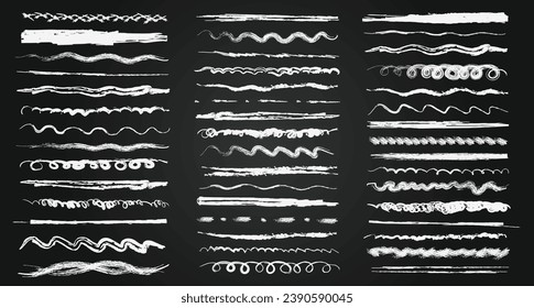 Big collection of various hand drawn sketchy white chalk lines, underlines, scribbles, dividers, waves, squiggles on black chalkboard. Vector freehand brush strokes, artistic design elements