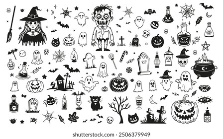 Big collection of various hand drawn cartoon black and white Halloween elements. Witch, zombie, bats, ghosts, pumpkins, skulls etc.