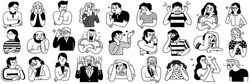 Big Collection Of Various People's Facial Emotion Expression, Happy, Sad, Shocked, Scared, Angry, Laughing, Crying, Etc. Outline, Hand Drawn Sketch, Black And White Ink Style. 