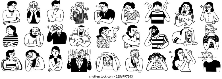 Big collection of various people's facial emotion expression, happy, sad, shocked, scared, angry, laughing, crying, etc. Outline, hand drawn sketch, black and white ink style.  - Shutterstock ID 2256797843