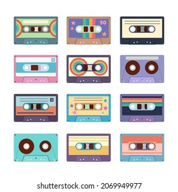 Big collection of various retro audio cassette tapes isolated on white background. Colorful trendy clip art for design.