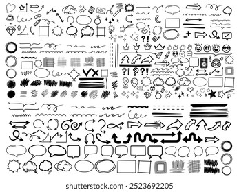 Große Kollektion von verschiedenen Skizzenelementen. Handgezeichnete Doodle-Designelemente