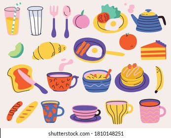Big collection of various tasty food and drinks. Vector colorful funny cartoon style illustration.