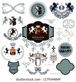 Big collection of vector antique heraldic elements for design in vintage style